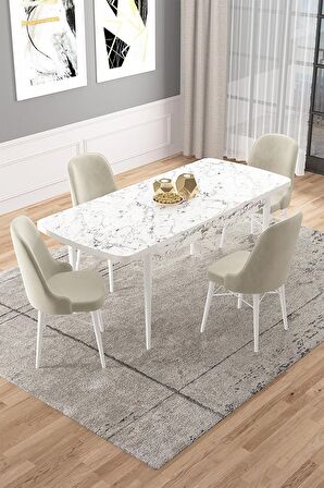 Rovena Vals Beyaz Mermer 80x132 Açılabilir Mdf Mutfak Masası Takımı 4 Adet Sandalye