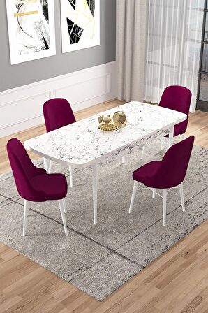 Rovena Vals Beyaz Mermer 80x132 Açılabilir Mdf Mutfak Masası Takımı 4 Adet Sandalye