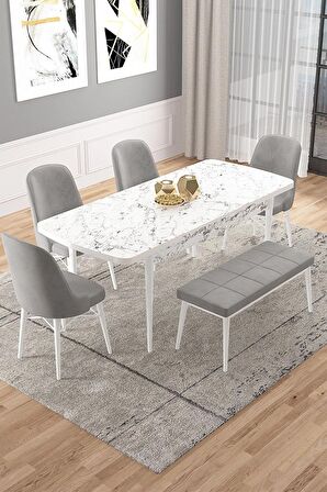 Rovena Vals Beyaz Mermer 80x132 Açılabilir Mdf Mutfak Masası Takımı 4 Adet Sandalye+1 Bench