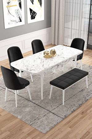 Rovena Vals Beyaz Mermer 80x132 Açılabilir Mdf Mutfak Masası Takımı 4 Adet Sandalye+1 Bench