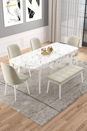 Rovena Vals Beyaz Mermer 80x132 Açılabilir Mdf Mutfak Masası Takımı 4 Adet Sandalye+1 Bench