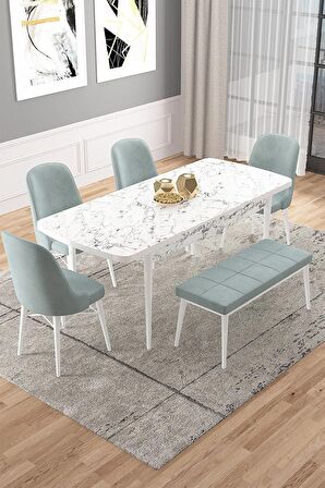 Rovena Vals Beyaz Mermer 80x132 Açılabilir Mdf Mutfak Masası Takımı 4 Adet Sandalye+1 Bench
