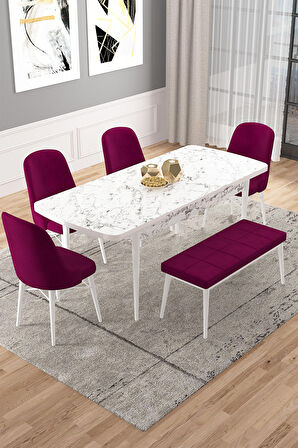 Rovena Vals Beyaz Mermer 80x132 Açılabilir Mdf Mutfak Masası Takımı 4 Adet Sandalye+1 Bench