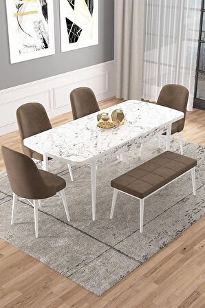 Rovena Vals Beyaz Mermer 80x132 Açılabilir Mdf Mutfak Masası Takımı 4 Adet Sandalye+1 Bench