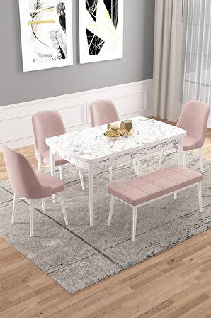 Rovena Vals Beyaz Mermer 80x132 Açılabilir Mdf Mutfak Masası Takımı 4 Adet Sandalye+1 Bench