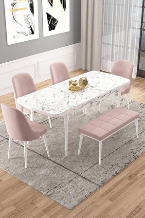 Rovena Vals Beyaz Mermer 80x132 Açılabilir Mdf Mutfak Masası Takımı 4 Adet Sandalye+1 Bench