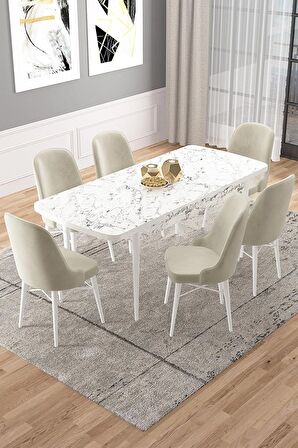 Rovena Vals Beyaz Mermer 80x132 Açılabilir Mdf Mutfak Masası Takımı 6 Adet Sandalye