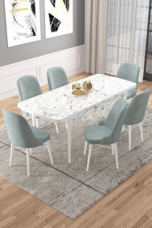 Rovena Vals Beyaz Mermer 80x132 Açılabilir Mdf Mutfak Masası Takımı 6 Adet Sandalye
