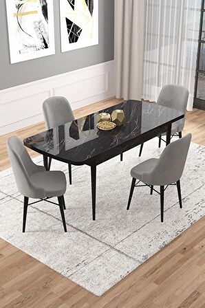 Rovena Vals Siyah Mermer 80x132 Açılabilir Mdf Mutfak Masası Takımı 4 Adet Sandalye
