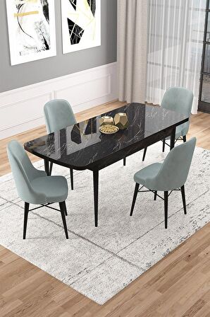 Rovena Vals Siyah Mermer 80x132 Açılabilir Mdf Mutfak Masası Takımı 4 Adet Sandalye