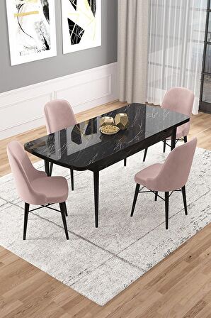 Rovena Vals Siyah Mermer 80x132 Açılabilir Mdf Mutfak Masası Takımı 4 Adet Sandalye