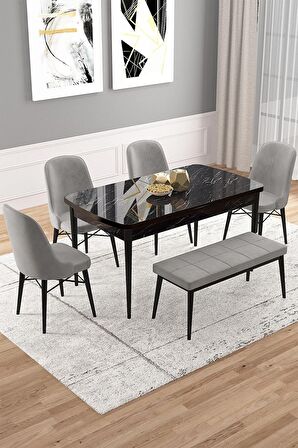 Rovena Vals Siyah Mermer 80x132 Açılabilir Mdf Mutfak Masası Takımı 4 Adet Sandalye+1 Bench