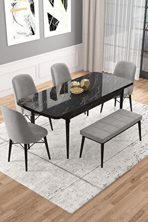 Rovena Vals Siyah Mermer 80x132 Açılabilir Mdf Mutfak Masası Takımı 4 Adet Sandalye+1 Bench