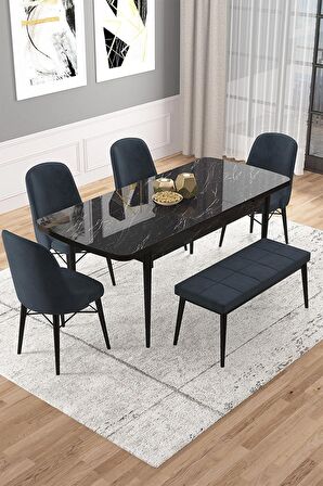 Rovena Vals Siyah Mermer 80x132 Açılabilir Mdf Mutfak Masası Takımı 4 Adet Sandalye+1 Bench