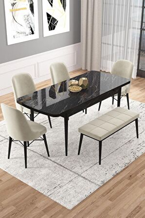 Rovena Vals Siyah Mermer 80x132 Açılabilir Mdf Mutfak Masası Takımı 4 Adet Sandalye+1 Bench