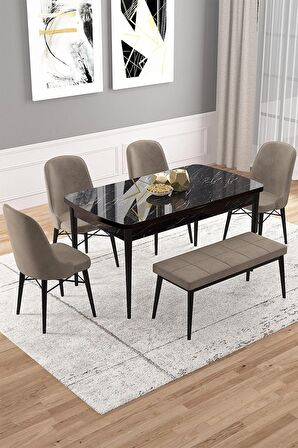 Rovena Vals Siyah Mermer 80x132 Açılabilir Mdf Mutfak Masası Takımı 4 Adet Sandalye+1 Bench