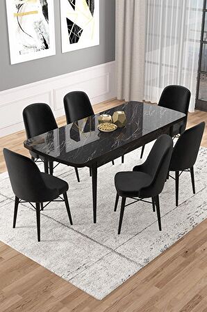 Rovena Vals Siyah Mermer 80x132 Açılabilir Mdf Mutfak Masası Takımı 6 Adet Sandalye