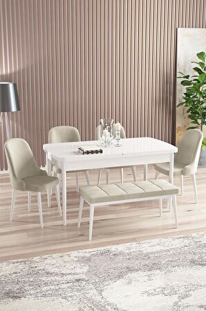 Rovena Armin Beyaz 80x132 Açılabilir Mdf Mutfak Masası Takımı 4 Adet Sandalye+1 Bench