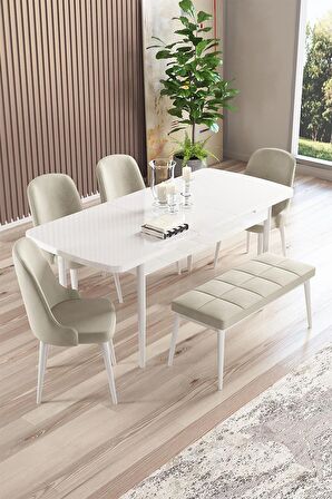 Rovena Armin Beyaz 80x132 Açılabilir Mdf Mutfak Masası Takımı 4 Adet Sandalye+1 Bench