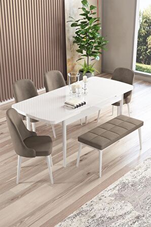 Rovena Armin Beyaz 80x132 Açılabilir Mdf Mutfak Masası Takımı 4 Adet Sandalye+1 Bench