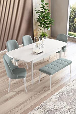 Rovena Armin Beyaz 80x132 Açılabilir Mdf Mutfak Masası Takımı 4 Adet Sandalye+1 Bench