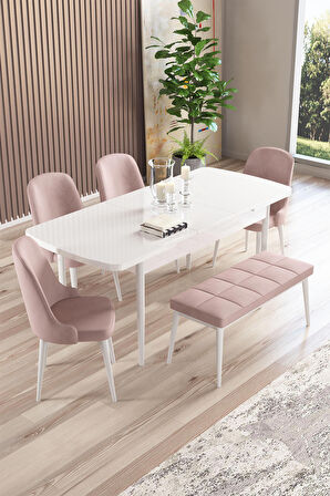 Rovena Armin Beyaz 80x132 Açılabilir Mdf Mutfak Masası Takımı 4 Adet Sandalye+1 Bench