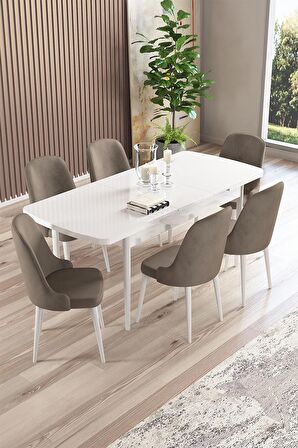 Rovena Armin Beyaz 80x132 Açılabilir Mdf Mutfak Masası Takımı 6 Adet Sandalye