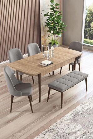 Rovena Armin Meşe 80x132 Açılabilir Mdf Mutfak Masası Takımı 4 Adet Sandalye+1 Bench