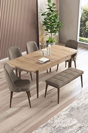 Rovena Armin Meşe 80x132 Açılabilir Mdf Mutfak Masası Takımı 4 Adet Sandalye+1 Bench