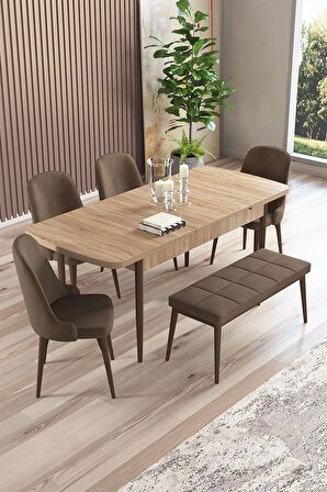 Rovena Armin Meşe 80x132 Açılabilir Mdf Mutfak Masası Takımı 4 Adet Sandalye+1 Bench