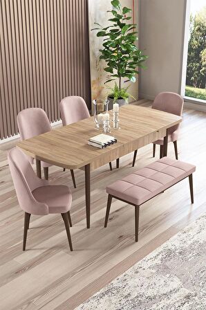 Rovena Armin Meşe 80x132 Açılabilir Mdf Mutfak Masası Takımı 4 Adet Sandalye+1 Bench