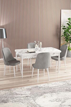 Rovena Armin Beyaz Mermer 80x132 Açılabilir Mdf Mutfak Masası Takımı 4 Adet Sandalye