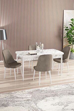 Rovena Armin Beyaz Mermer 80x132 Açılabilir Mdf Mutfak Masası Takımı 4 Adet Sandalye