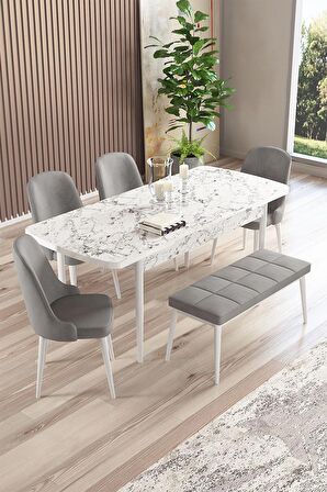 Rovena Armin Beyaz Mermer 80x132 Açılabilir Mdf Mutfak Masası Takımı 4 Adet Sandalye+1 Bench