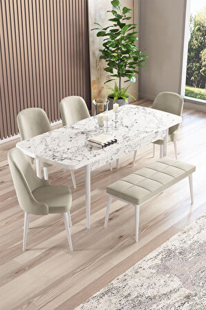 Rovena Armin Beyaz Mermer 80x132 Açılabilir Mdf Mutfak Masası Takımı 4 Adet Sandalye+1 Bench