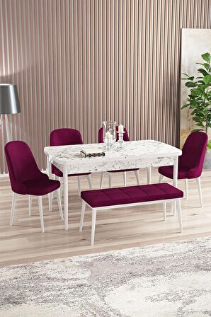 Rovena Armin Beyaz Mermer 80x132 Açılabilir Mdf Mutfak Masası Takımı 4 Adet Sandalye+1 Bench