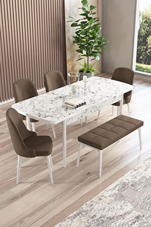 Rovena Armin Beyaz Mermer 80x132 Açılabilir Mdf Mutfak Masası Takımı 4 Adet Sandalye+1 Bench