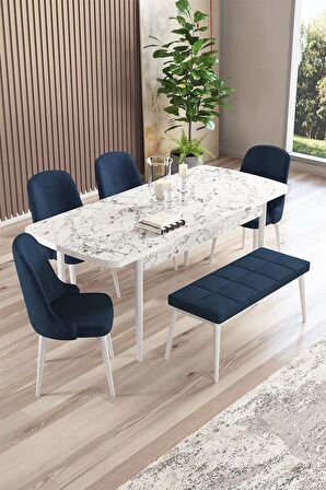 Rovena Armin Beyaz Mermer 80x132 Açılabilir Mdf Mutfak Masası Takımı 4 Adet Sandalye+1 Bench