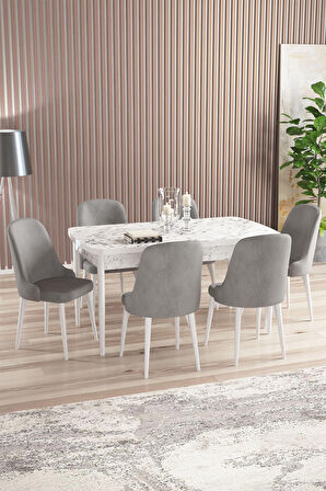 Rovena Armin Beyaz Mermer 80x132 Açılabilir Mdf Mutfak Masası Takımı 6 Adet Sandalye