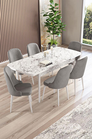 Rovena Armin Beyaz Mermer 80x132 Açılabilir Mdf Mutfak Masası Takımı 6 Adet Sandalye