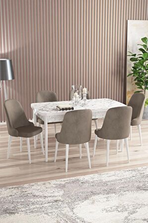 Rovena Armin Beyaz Mermer 80x132 Açılabilir Mdf Mutfak Masası Takımı 6 Adet Sandalye