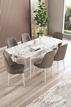 Rovena Armin Beyaz Mermer 80x132 Açılabilir Mdf Mutfak Masası Takımı 6 Adet Sandalye