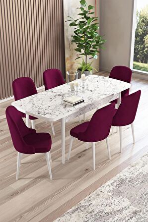 Rovena Armin Beyaz Mermer 80x132 Açılabilir Mdf Mutfak Masası Takımı 6 Adet Sandalye