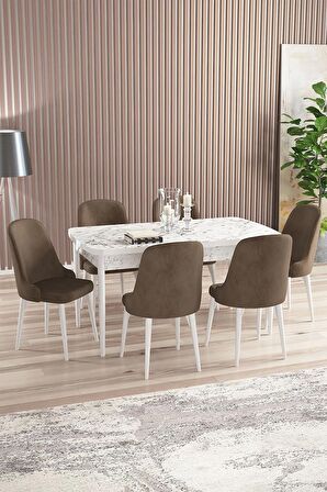 Rovena Armin Beyaz Mermer 80x132 Açılabilir Mdf Mutfak Masası Takımı 6 Adet Sandalye