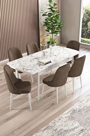 Rovena Armin Beyaz Mermer 80x132 Açılabilir Mdf Mutfak Masası Takımı 6 Adet Sandalye