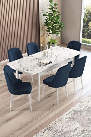 Rovena Armin Beyaz Mermer 80x132 Açılabilir Mdf Mutfak Masası Takımı 6 Adet Sandalye