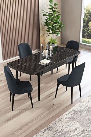 Rovena Armin Siyah Mermer 80x132 Açılabilir Mdf Mutfak Masası Takımı 4 Adet Sandalye