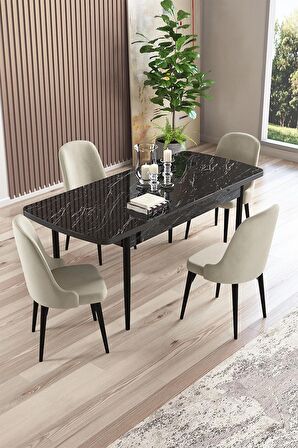 Rovena Armin Siyah Mermer 80x132 Açılabilir Mdf Mutfak Masası Takımı 4 Adet Sandalye