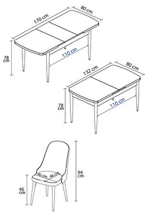 Rovena Armin Siyah Mermer 80x132 Açılabilir Mdf Mutfak Masası Takımı 4 Adet Sandalye
