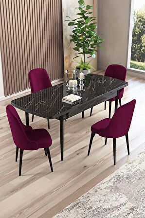 Rovena Armin Siyah Mermer 80x132 Açılabilir Mdf Mutfak Masası Takımı 4 Adet Sandalye